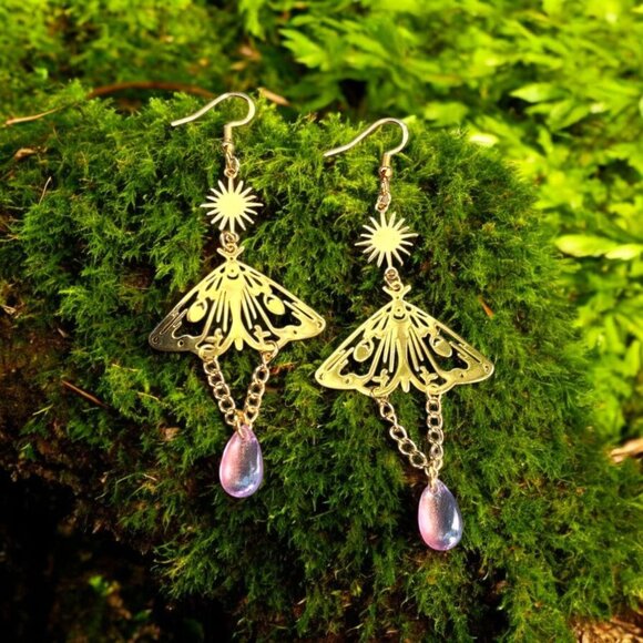 Gold Moth Dangle Earrings with Sun Charms and Pink Crystal Drops | Celestial - Picture 4 of 4